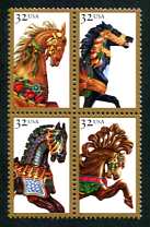 Carousel Horses Mint Block of 4 Stamps United States, 1995